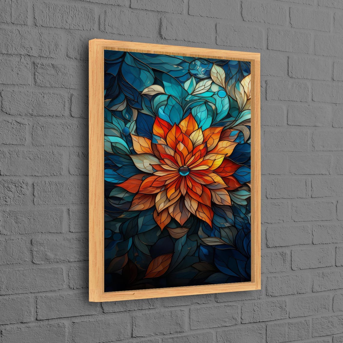 Stained Glass Style Orange Bloom With Teal Leaves Floral Poster