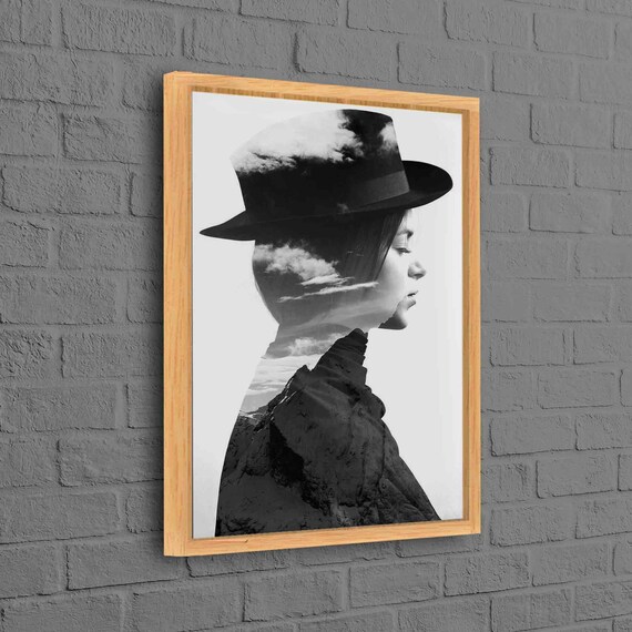Double Exposure Woman Hat Mountain Cloudscape Black White Art Poster