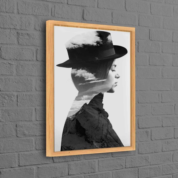 Girl Wearing Hat Profile And Mountains Canvas Contemporary Artwork Modern Wall Decor Abstract Woman Art