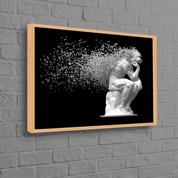 Rodin Thinker Statue Dissolving Into Pixels Black Poster Art