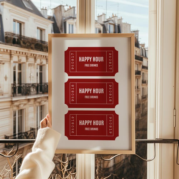 Happy Hour Print Bar Cart Wall Art Drinks Poster Decor Minimalist Heart