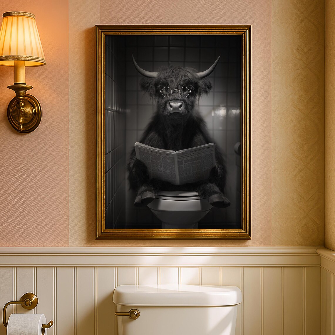 Funny Highland Cow Reading Newspaper On Toilet Restroom Poster