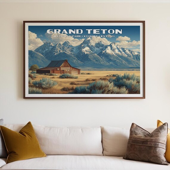 Grand Teton National Park Wyoming Vintage Barn Mountains Poster