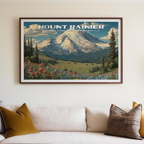 Mount Rainier National Park Vintage Poster, Nature Landscape