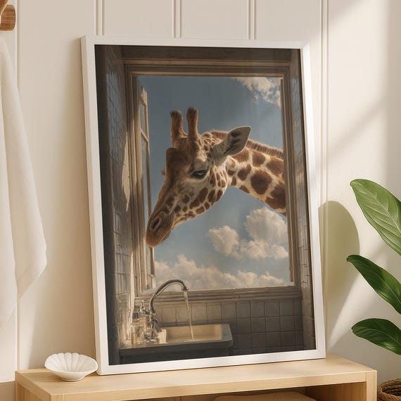 Funny Giraffe Bathroom Print Whimsical Restroom Wall Art