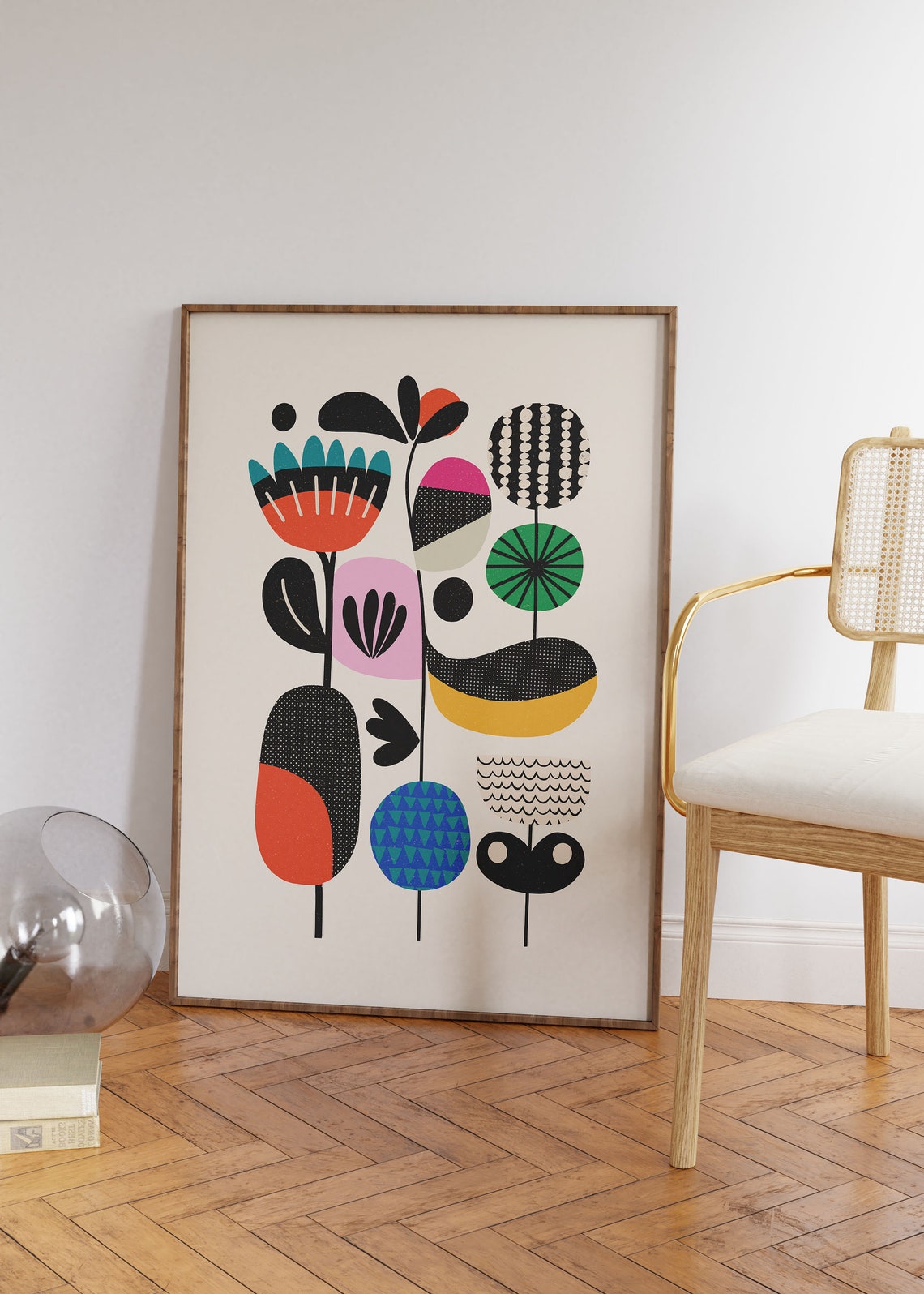 Mid Century Abstract Flowers Coral Teal Black Botanical Art Poster - Image 2