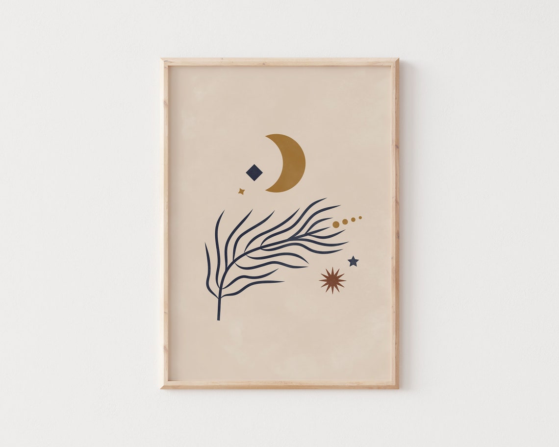 Modern Boho Celestial Golden Moon Stars Earth Tones Wall Print