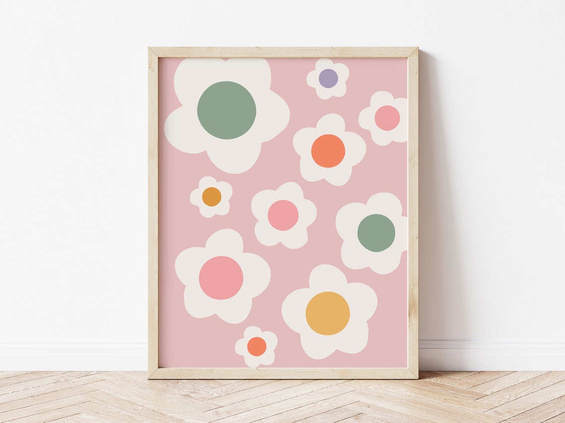 Trendy Funky Retro Daisy Floral Pattern Pink Botanical Wall Poster