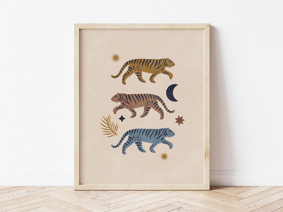 Tiger Print Celestial Boho Art Print, Moon And Stars