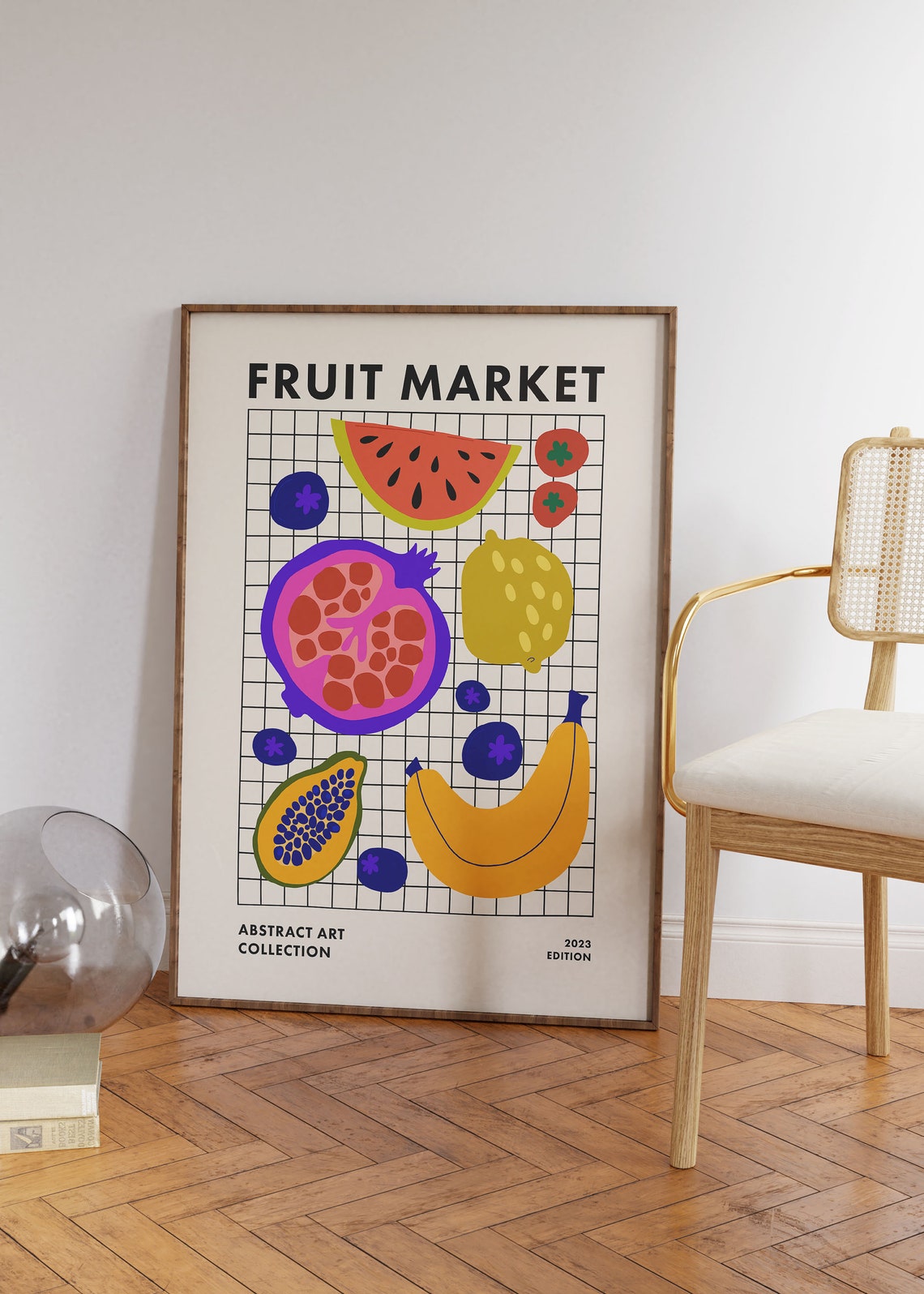 Fruit Market Watermelon Pomegranate Grid Retro Kitchen Abstract Poster - Image 2
