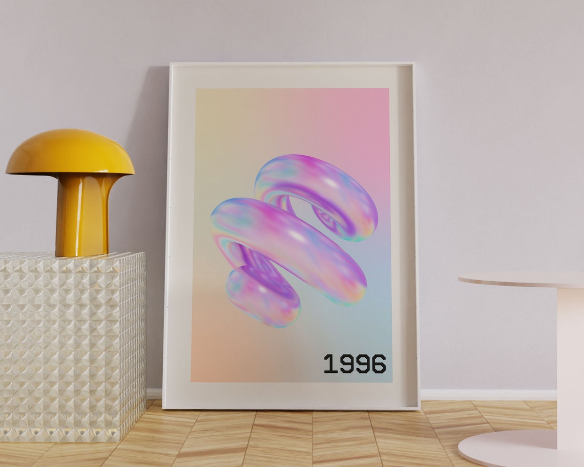 1996 Y2K Iridescent Pink Spiral Holographic 3D Abstract Art Poster