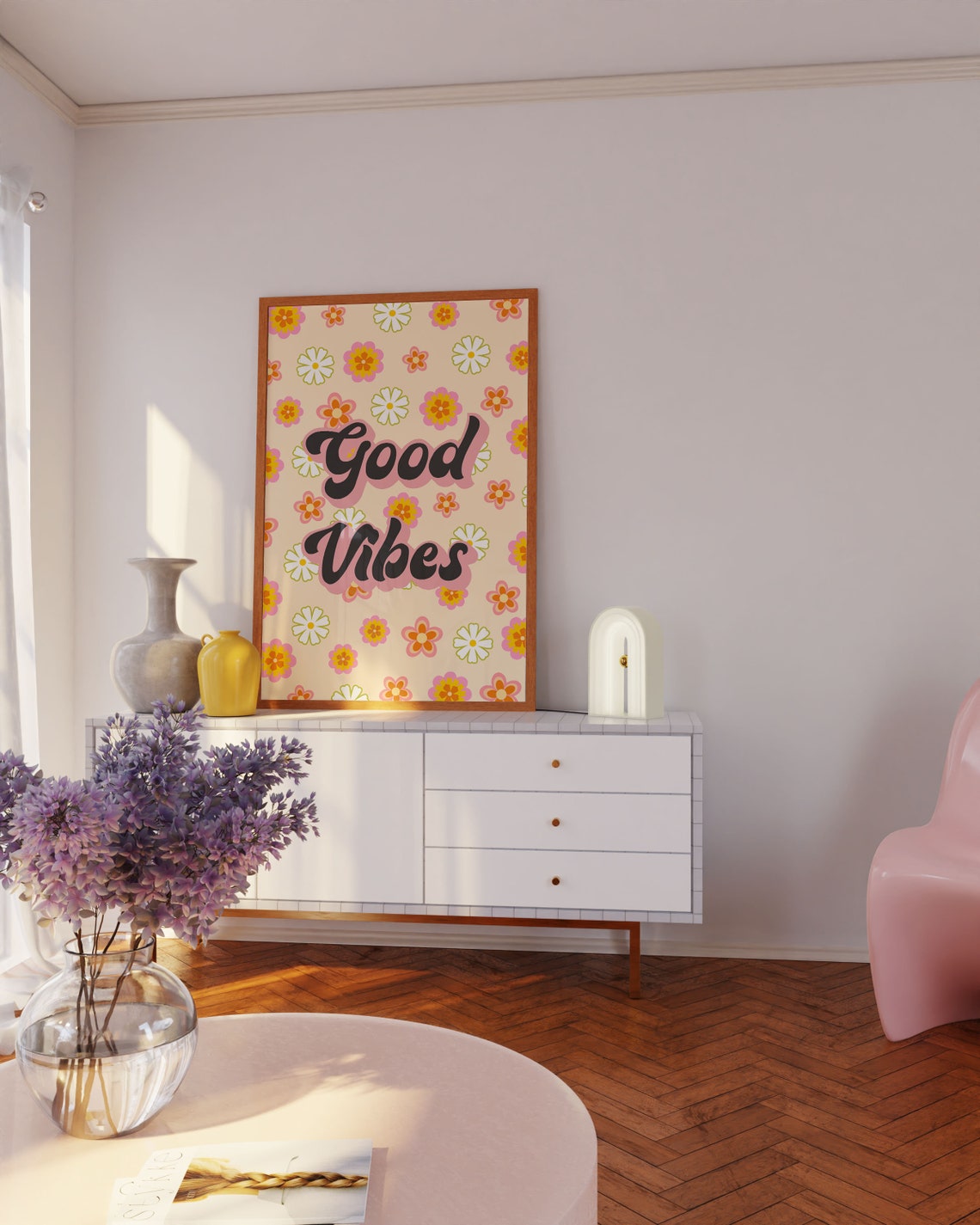 Good Vibes Groovy Floral Retro Daisy Typography Room Wall Poster - Image 3