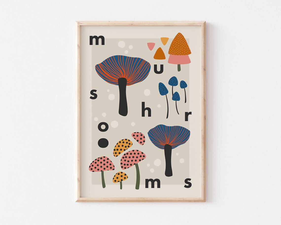 Colorful Mushrooms Retro Botanical Kitchen Art Print