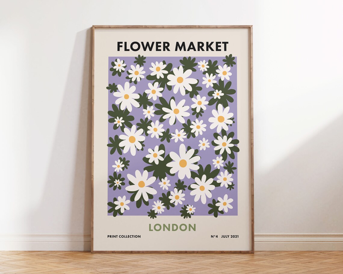 Flower Market London Lilac Daisy Meadow Field Vintage Retro Print