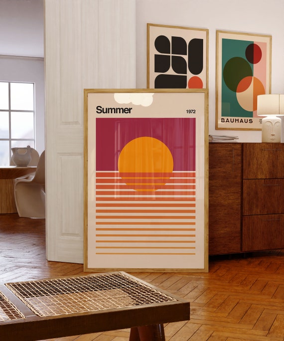 Retro Minimalist Sunset Beach Art Print, Bauhaus