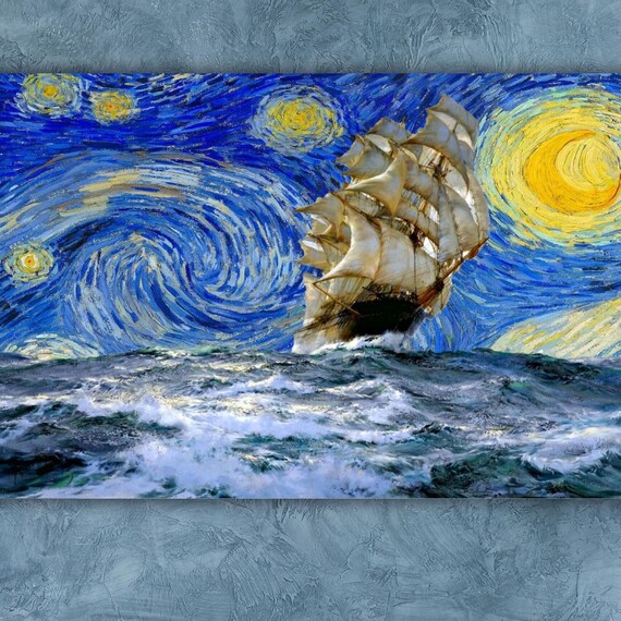 Van Gogh Decor Starry Night Wall Art The Starry Pirate Ship Starry Night Poster Starry Night Art Van Gogh Ship Art