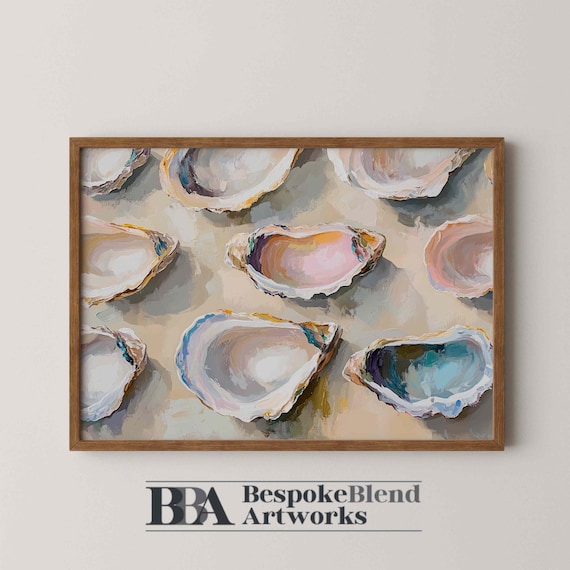 Oyster Shells Cluster Soft Coastal Still Life Painting Wall Art