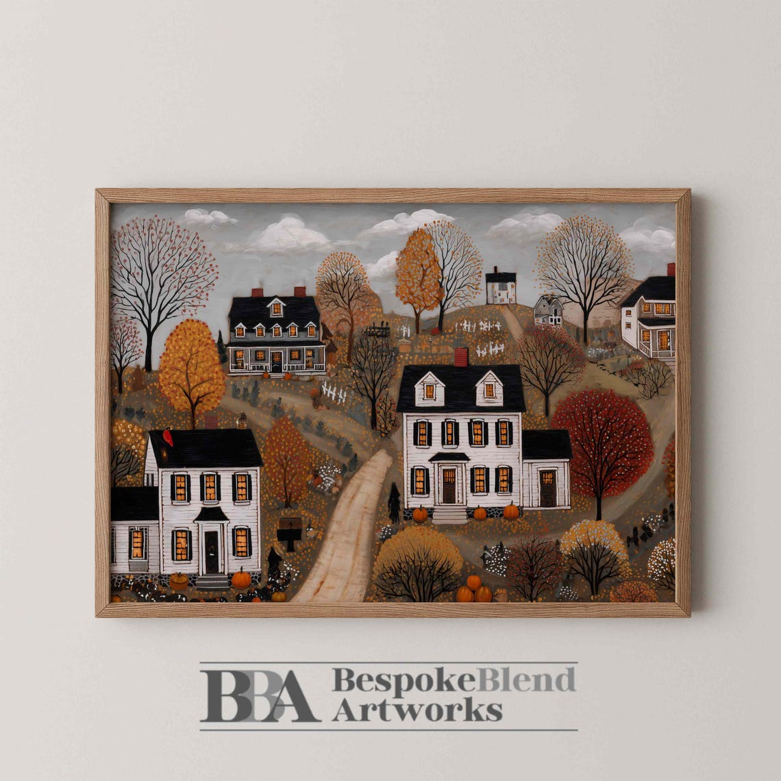 Autumn Village Wall Art Folk Style Vintage Painting With Colonial Homes Fall Trees Pumpkins Whimsical Charm And Rustic Decor