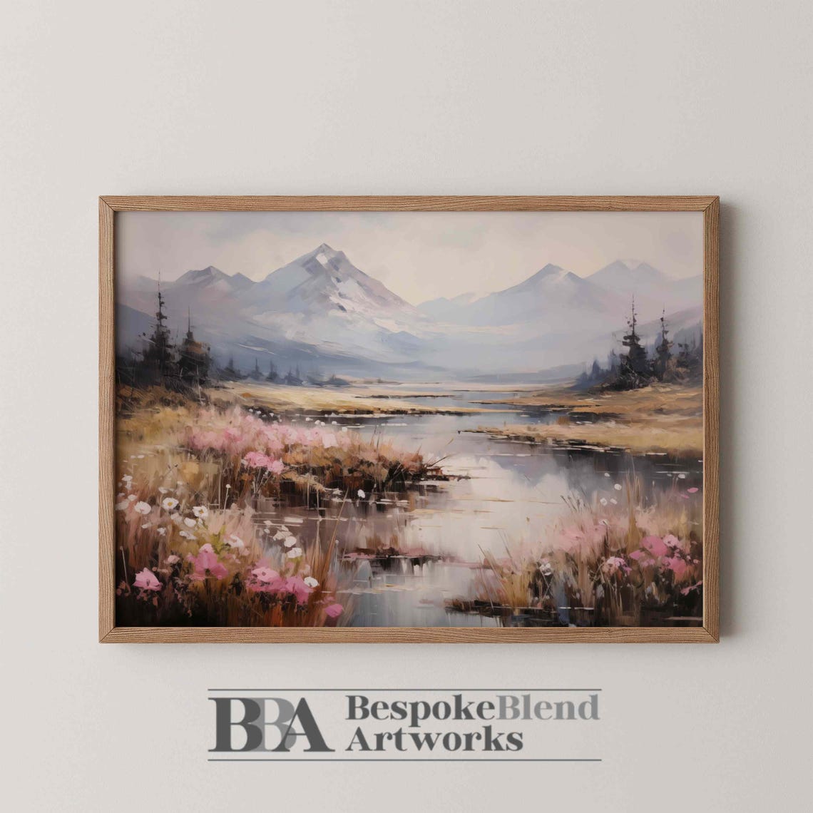 Misty Mountain River Valley with Pink Blossoms Landscape Art Poster