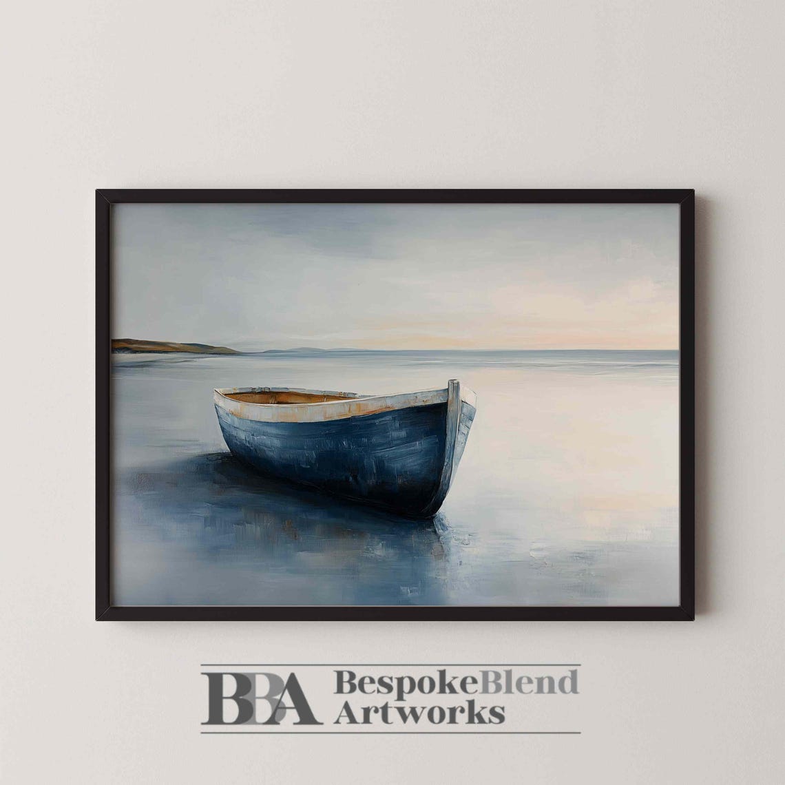 Navy Blue Rowboat Calm Water Minimalist Coastal Painting Wall Art