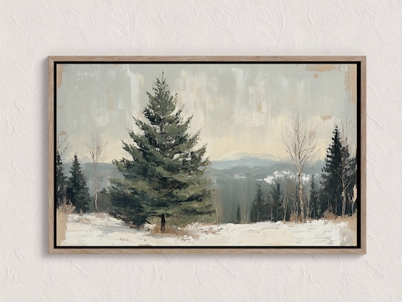 Winter Forest Painting Snowy Evergreens Muted Woodland Wall Art