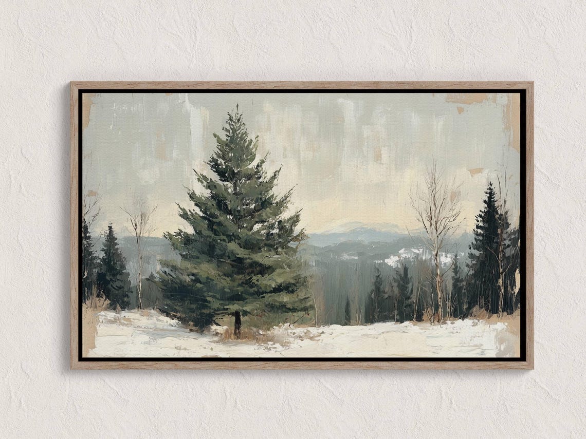 Winter Forest Painting Snowy Evergreens Muted Woodland Wall Art