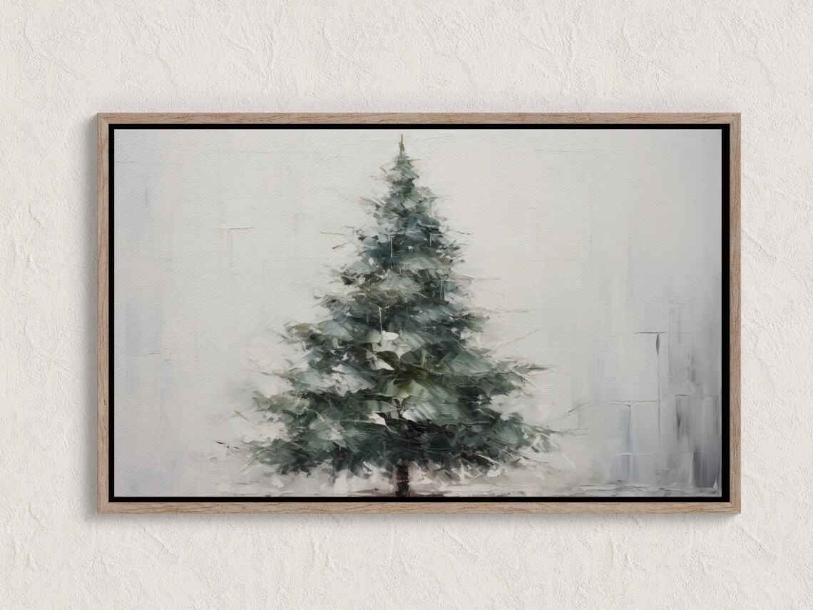 Snowy Evergreen Tree Minimalist Winter Oil Painting Canvas Poster