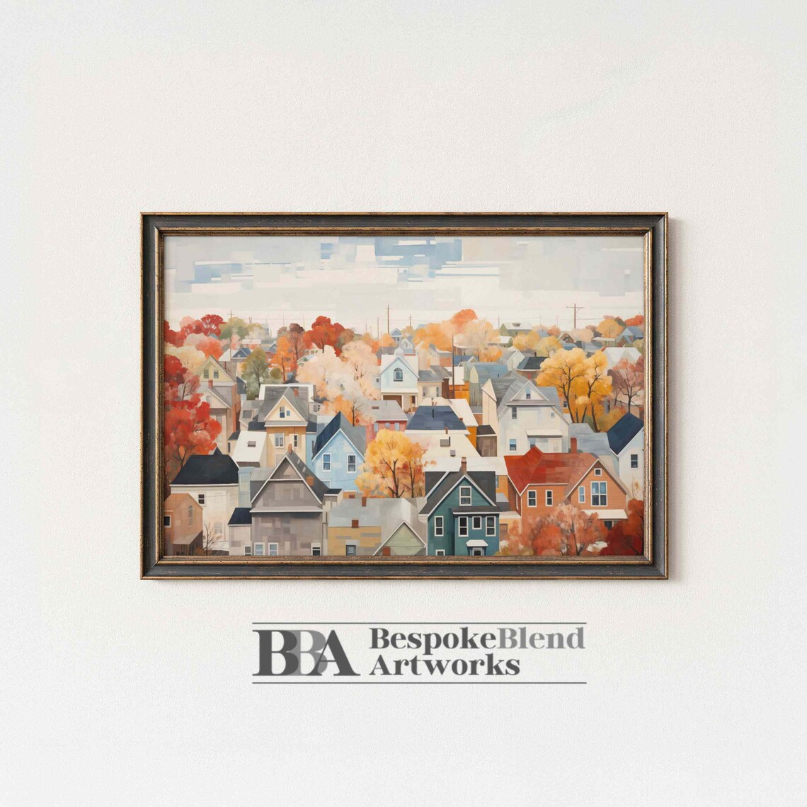 Fall Abstract Cityscape Painting, Aerial View Town Art Print