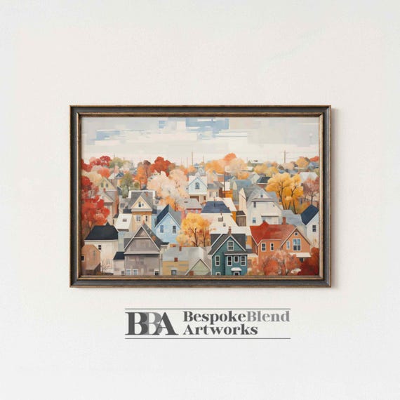 Fall Abstract Cityscape Painting, Aerial View Town Art Print