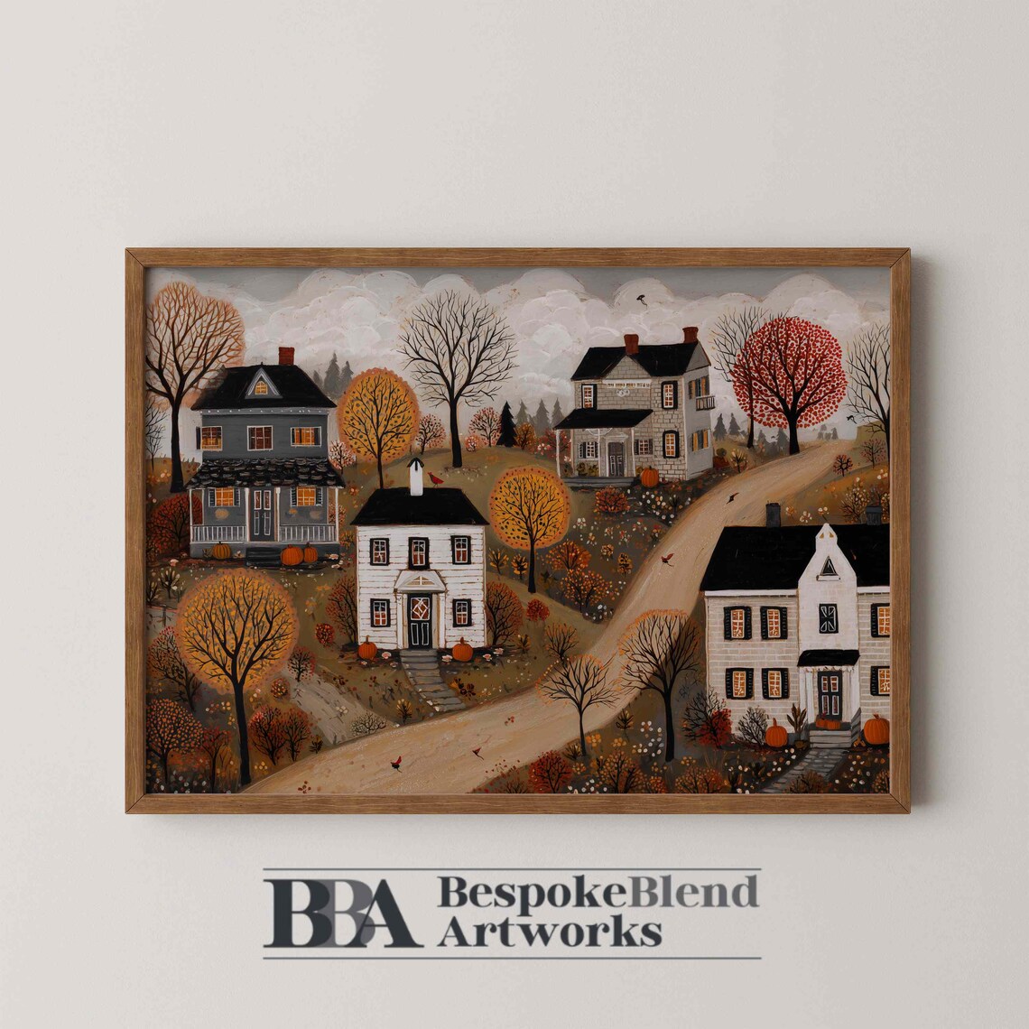 Fall Village Art Print, Colonial House Painting