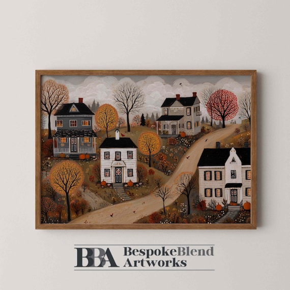 Fall Village Art Print, Colonial House Painting