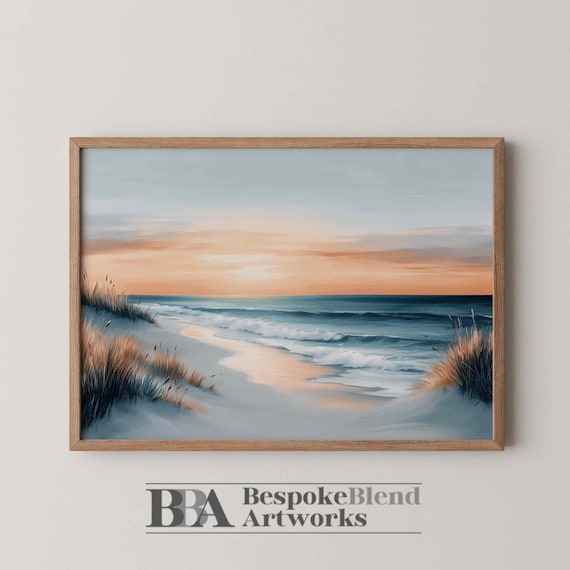 Coastal Sunset Beach Painting Soft Pastel Ocean Waves Wall Art