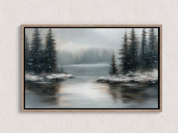 Vintage Winter Pine Forest Print Rustic Snowy Landscape Painting Antique Evergreen Decor Farmhouse Wall Art