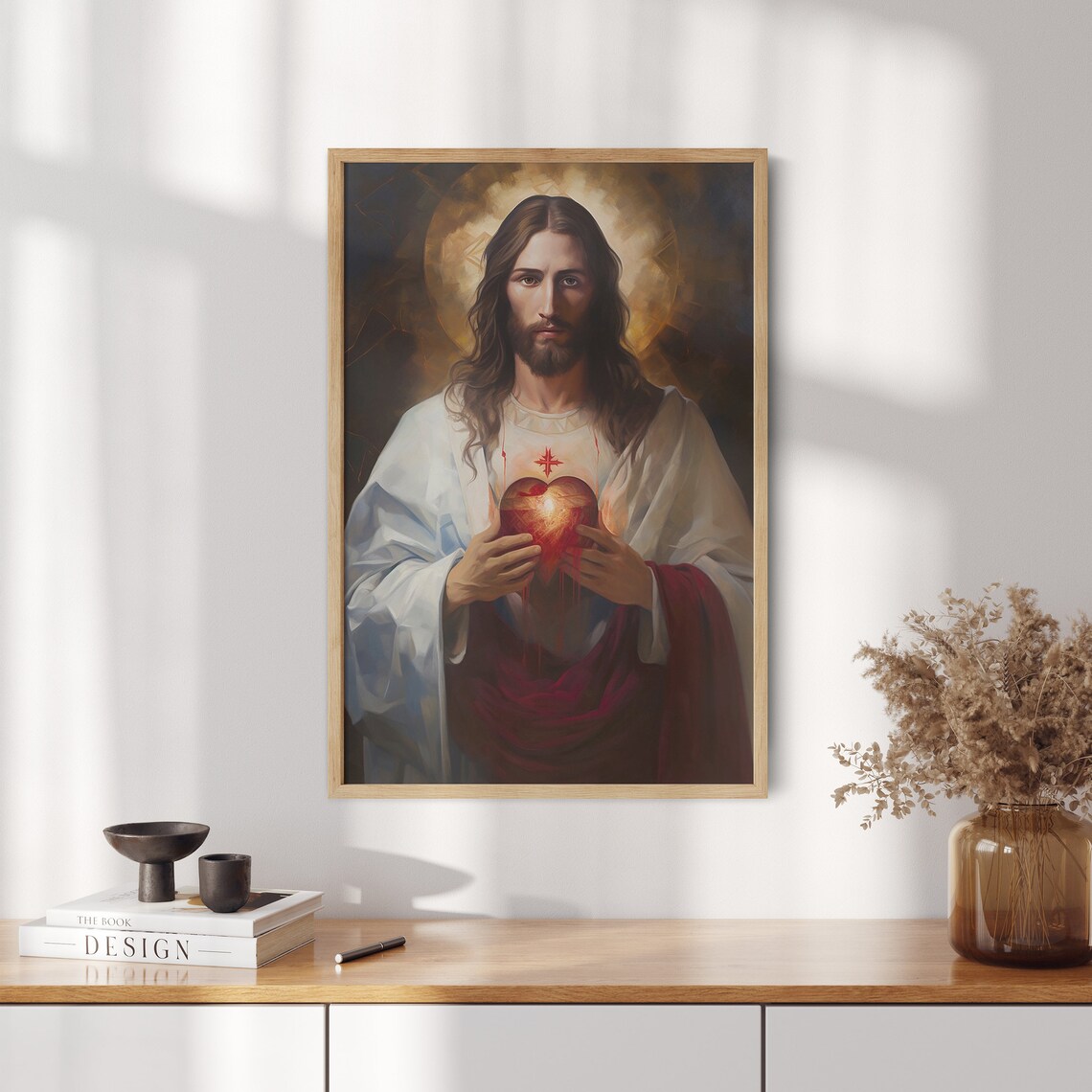 Sacred Heart of Jesus Holding a Glowing Heart Halo Oil Painting Poster - Image 2
