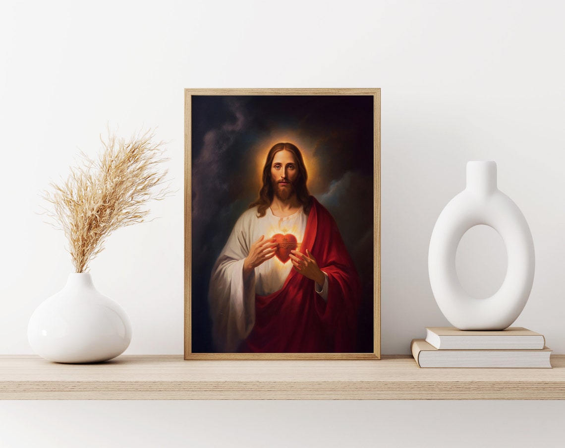 The Most Sacred Heart Of Jesus Oil Painting Jesus Wall Art Christian Wall Art Jesus Painting Wall Art Bible Verse - Image 3