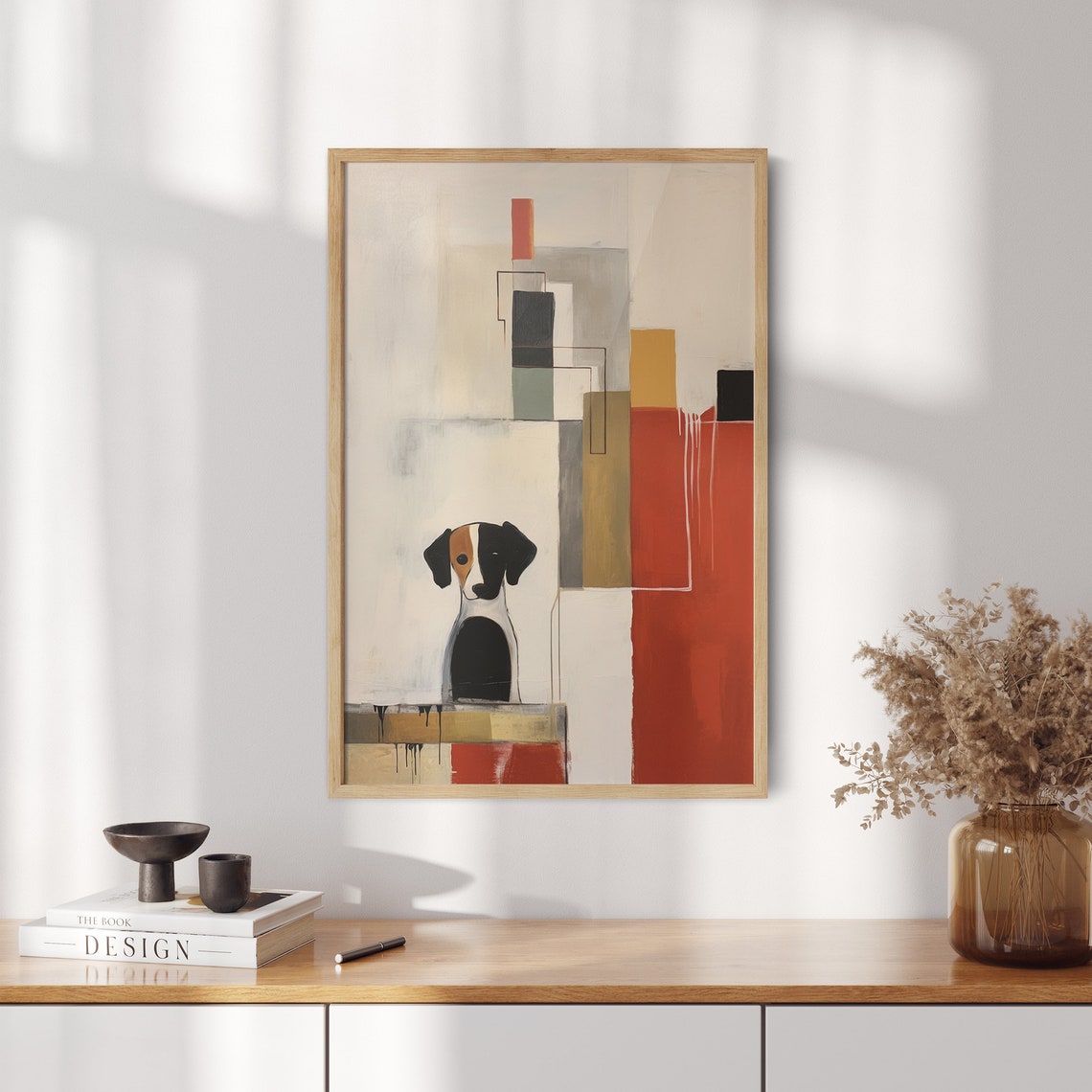 Modern Dog Portrait with Bold Red Geometric Abstract Blocks Poster - Image 2