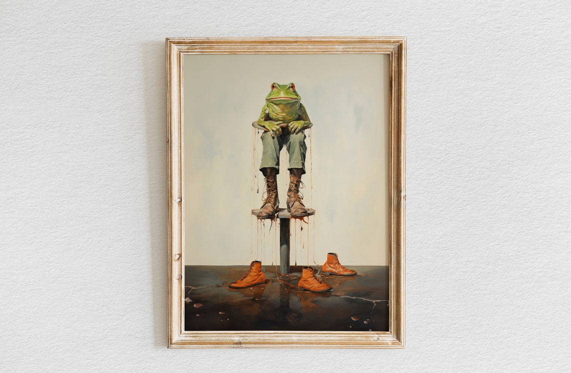 Frog Wearing Cowboy Boots and Pants Sitting on a Stool Poster