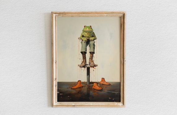 Oil Painting Of Frog Wearing Vintage Cowboy Boots Original Artwork Wall Decor Print Poster Wall Art