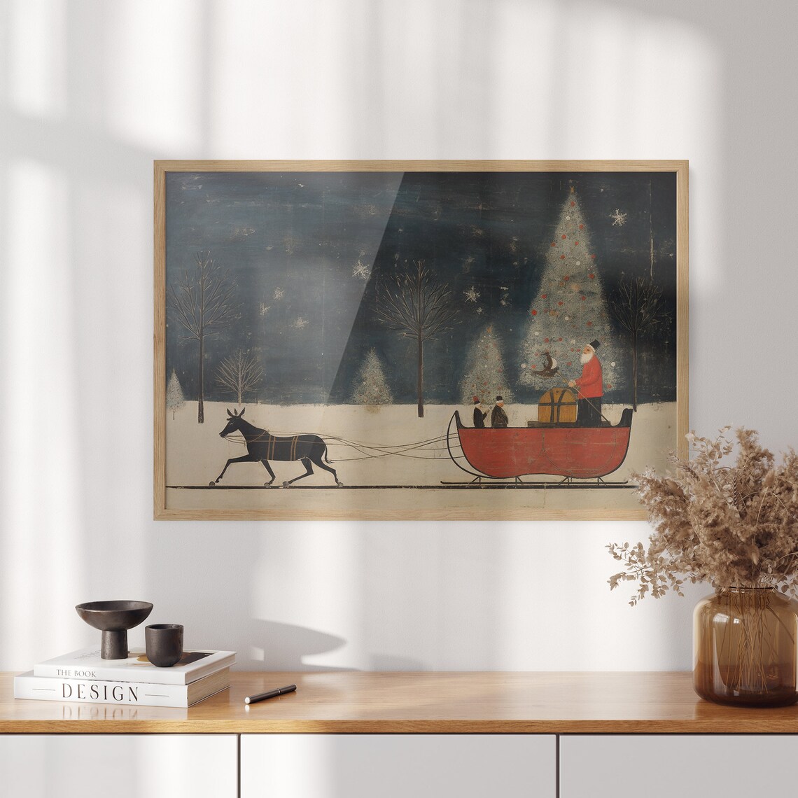 Santa Claus Riding Red Horse Drawn Sleigh Folk Art Snowy Night Poster - Image 3