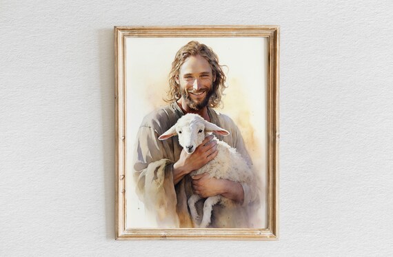 Watercolor Smiling Jesus With A Lamb Jesus Wall Art Christian Wall Art Jesus Painting Wall Art Bible Verse