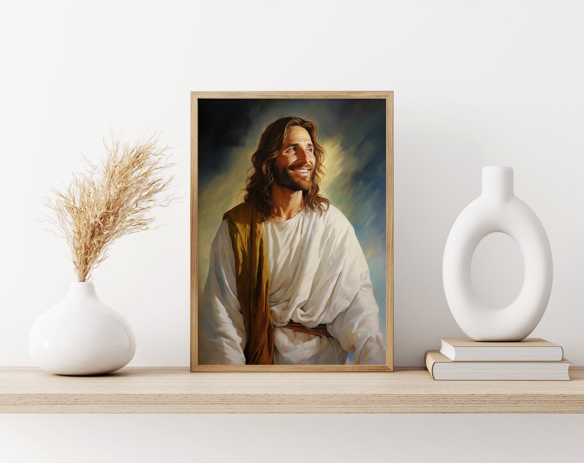 Smiling Jesus Looking Up Heavenly Light Christian Portrait Poster - Image 3