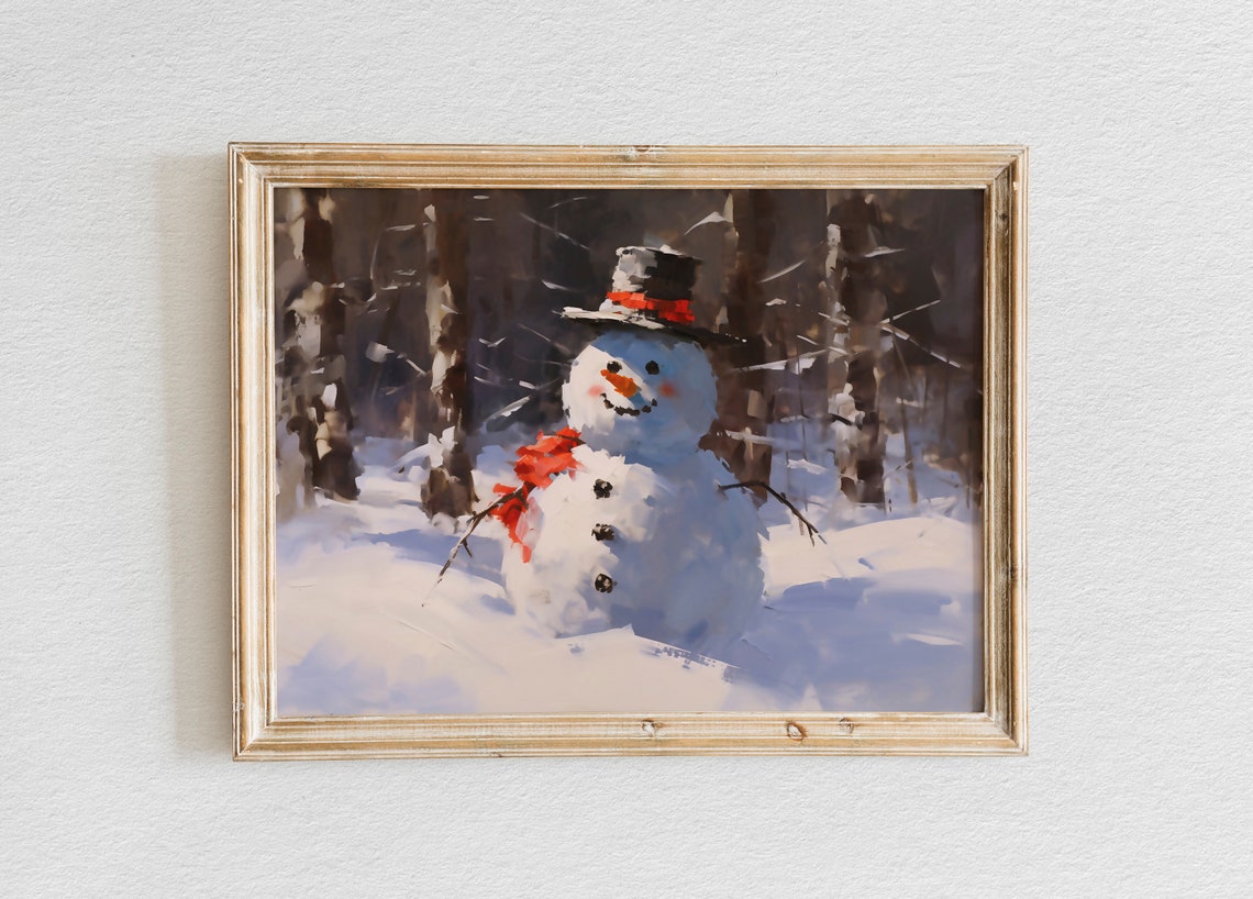 Smiling Snowman with Black Top Hat Alone in Snowy Woods Poster
