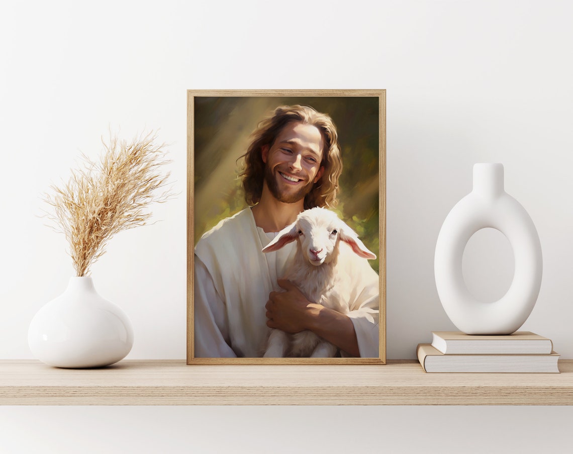 Smiling Jesus in White Robe Holding a Lamb Dark Background Oil Poster - Image 3