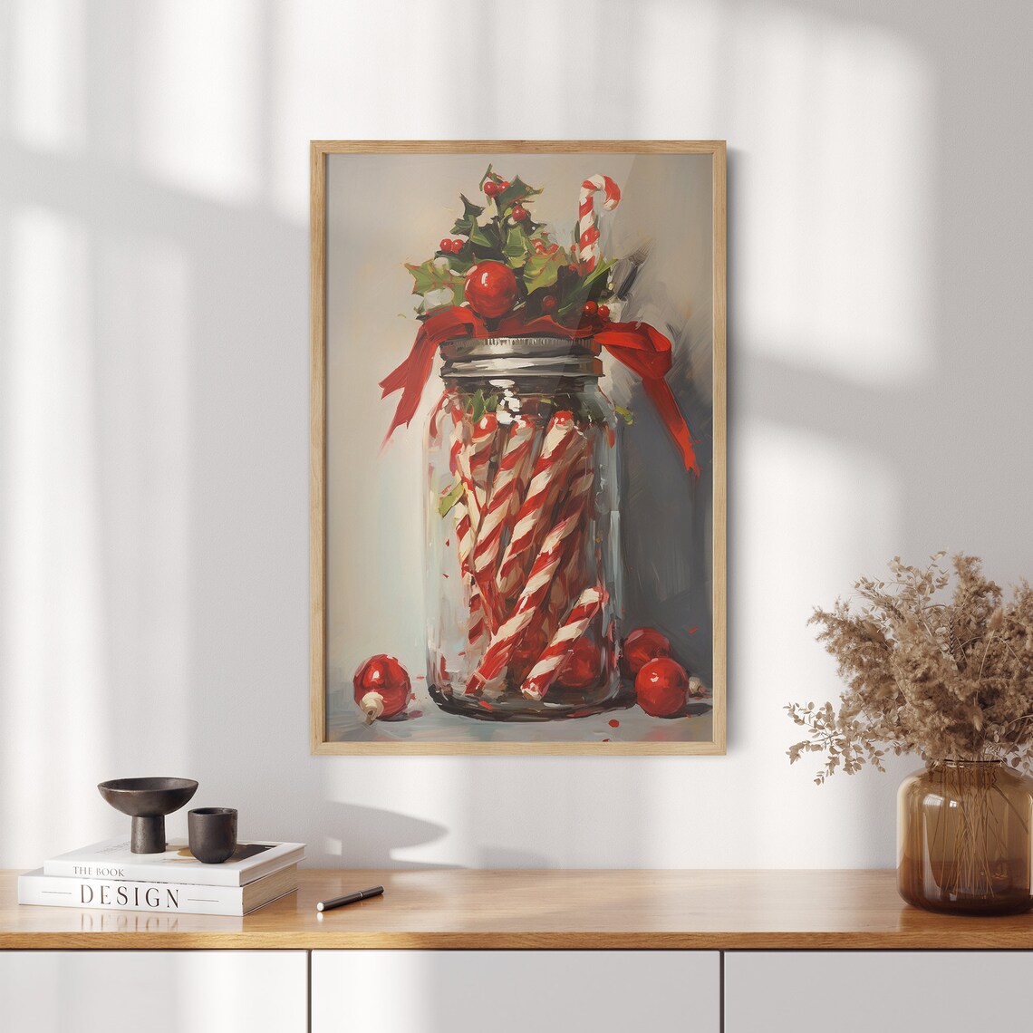 Striped Candy Canes in Glass Mason Jar with Holly and Red Ribbon Poster - Image 2