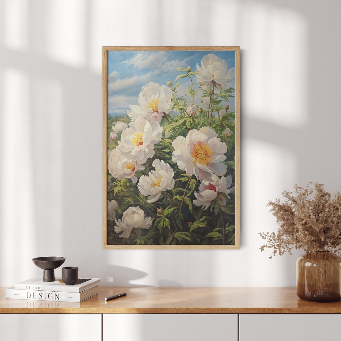 Tall White Peonies Blue Sky Summer Garden Floral Painting Poster - Image 2
