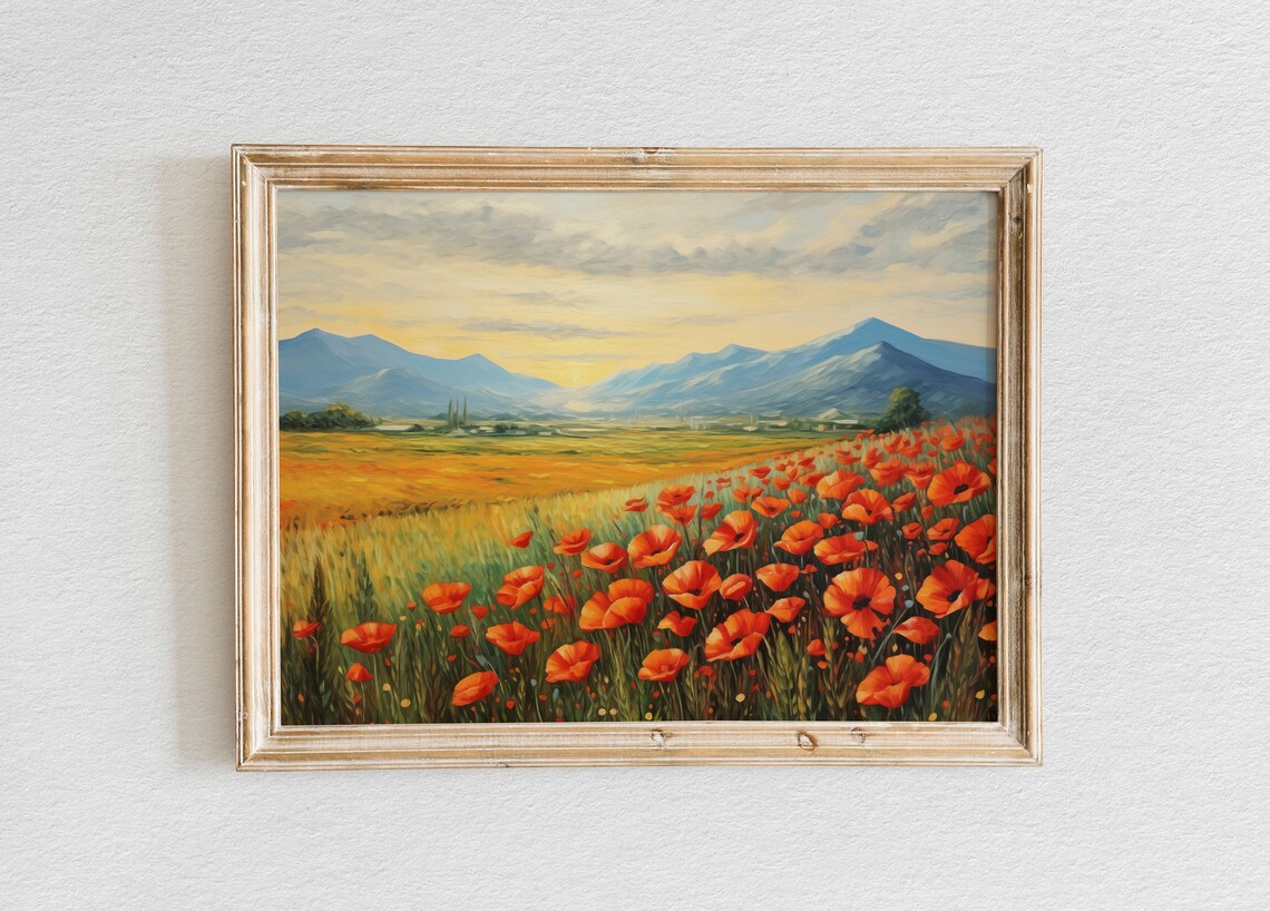 Sunset Red Poppy Field With Blue Mountain Peaks Oil Painting Poster