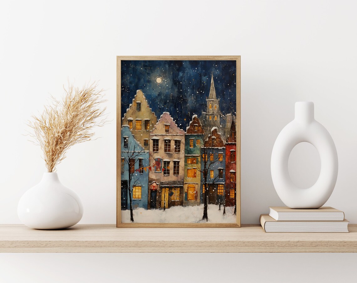 Charming European Old Town Street in Snow Under Starry Night Poster - Image 3