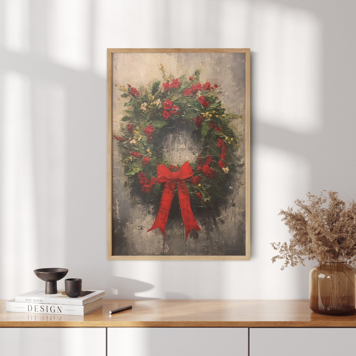 Lush Christmas Wreath with Red Blooms and Bow on Rustic Wall Poster - Image 2