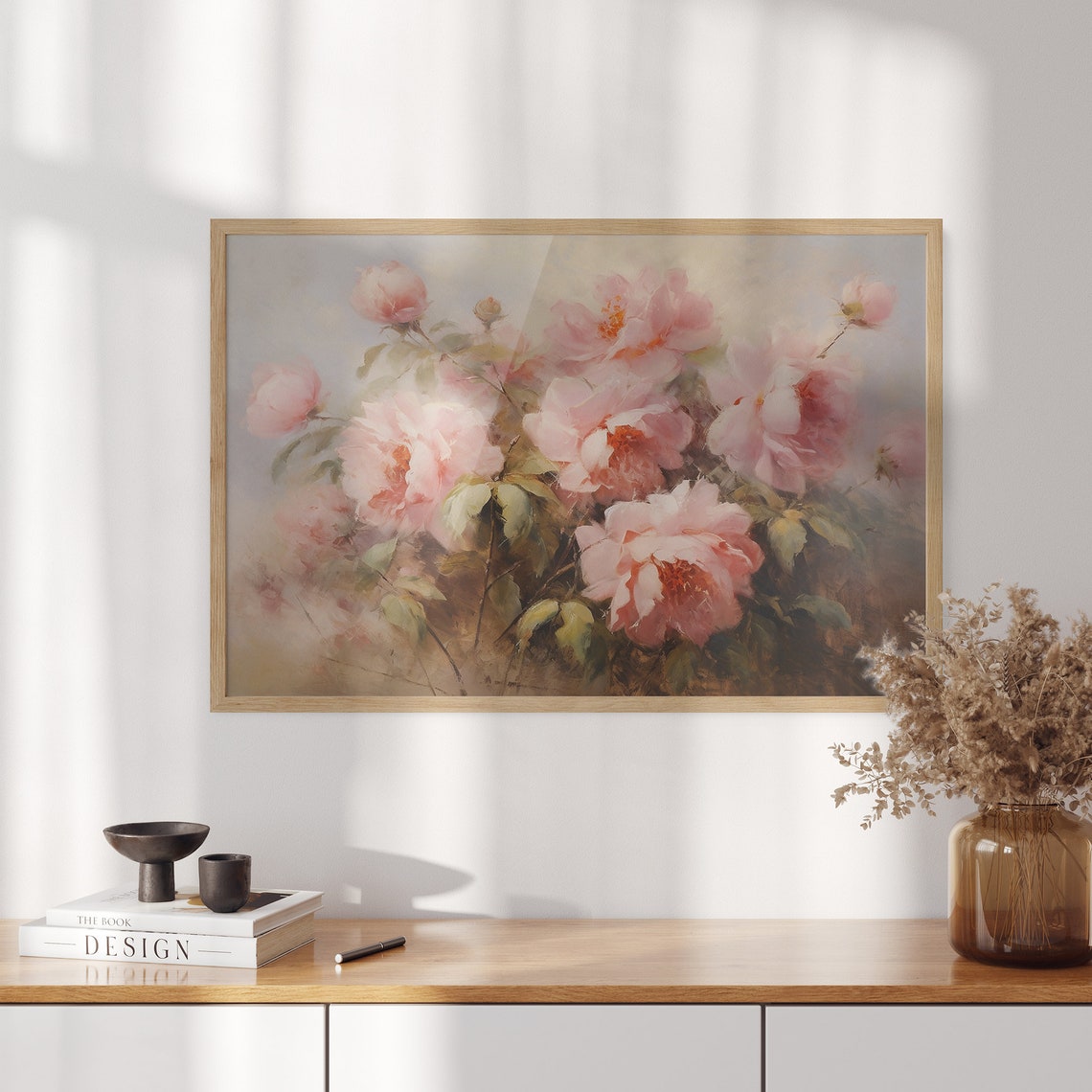 Pink Peonies Oil Painting Moody Pink Peonies Painting Vintage Art Print Flower Print Farmhouse Decor Wall Art Wall Decor - Image 3