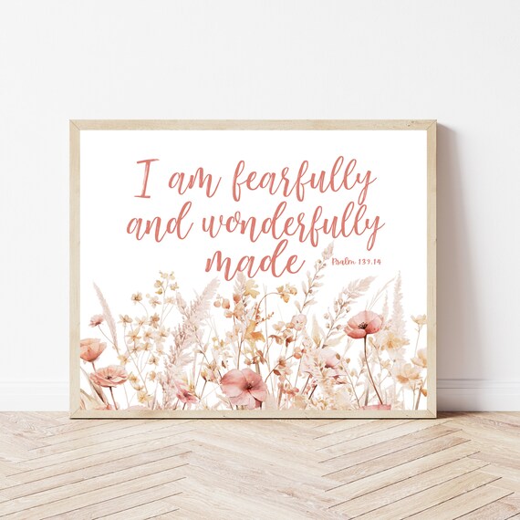 Floral Bible Verse Print Psalm 13914 Fearfully And Wonderfully Made Boho Nursery Sign Scripture Office Decor Christian Baby Gift